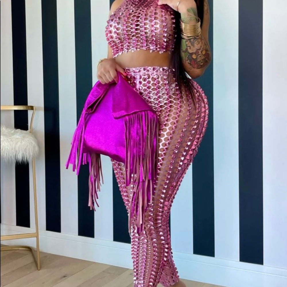 Hollow Out V Neck Top & Pants Set